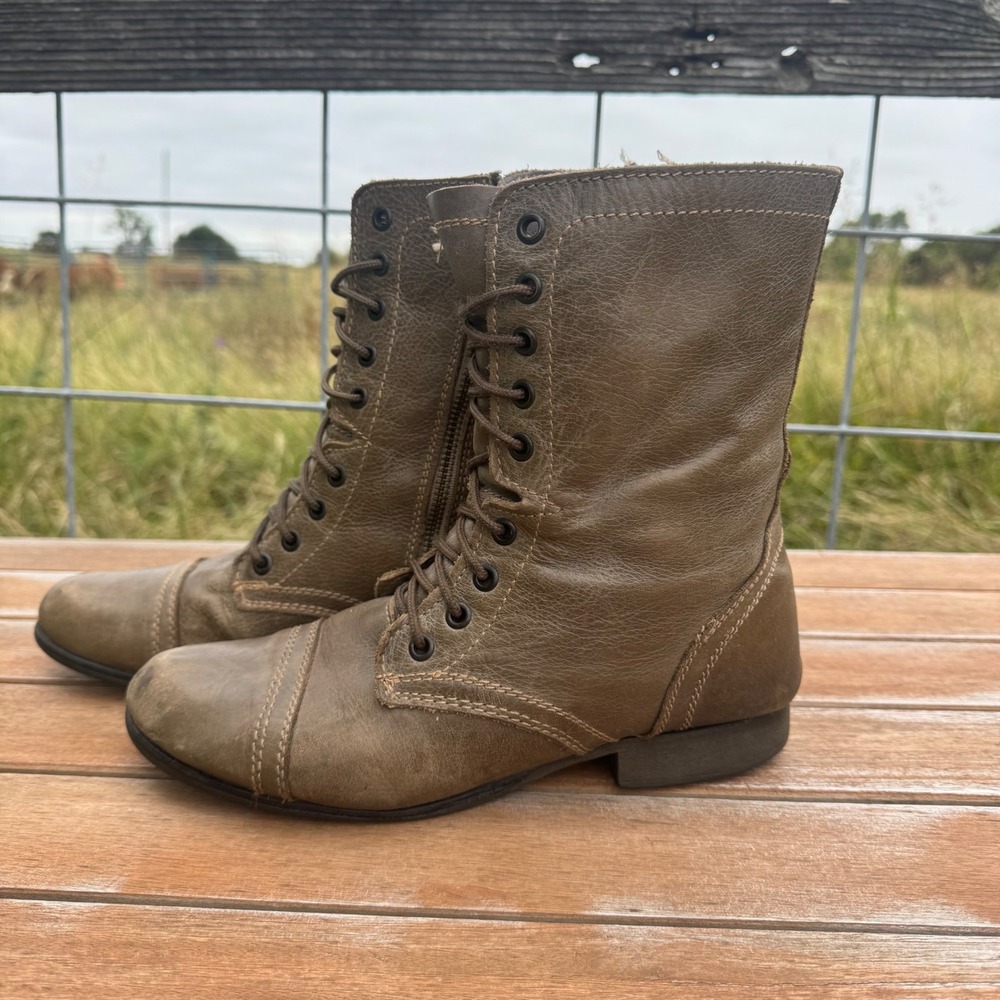 Steve Madden Troopa Combat Boots Women 8.5 Olive Brown Good Y2K Leather Zip